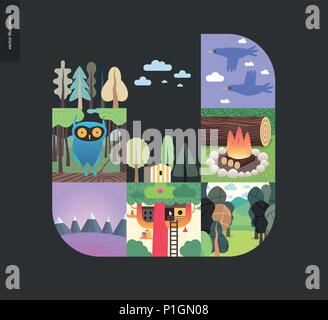 Des choses simples - forest situé sur un fond noir - télévision cartoon vector illustration d'oiseaux, Ciel, nuages, forêt, Treehouse, bois, feu de bois, hibou, s Illustration de Vecteur