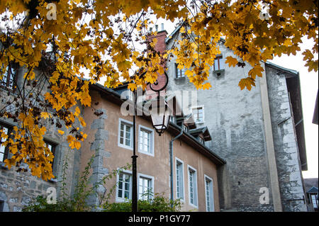 Le paysage pittoresque de la vieille ville médiévale de Chambéry, région Rhône-Alpes, France. Image feuilles d'automne rose tendre et maisons grises Banque D'Images