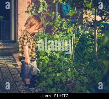 Un mignon petit bébé garçon est l'arrosage du jardin au coucher du soleil avec un tuyau flexible Banque D'Images