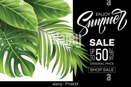 Vente d'affiches, de bannières avec des feuilles de palmier, de jungle et de l'écriture de la feuille le lettrage. Été tropical floral background. Vector illustration Illustration de Vecteur