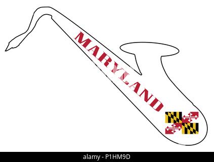 Silhouette d'un saxophone avec une impression le drapeau de l'état du Maryland USA over a white background Illustration de Vecteur