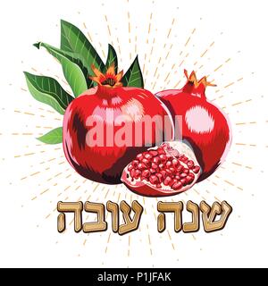 Heureux et doux Rosh Hashanah carte avec pendaison grenats. Vector illustration. Illustration de Vecteur