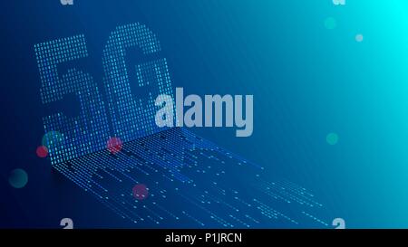 La technologie 5G l'arrière-plan. Les données numériques sous la forme de chiffres reliés les uns les autres et forme 5G Symbole sur fond bleu. Les réseaux mobiles de nouvelle génération et l'intern Illustration de Vecteur