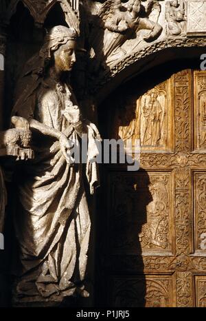 Cathédrale ; gate detail (architecture gothique / art) (Sant James pèlerinage chemin de Santiago). Banque D'Images