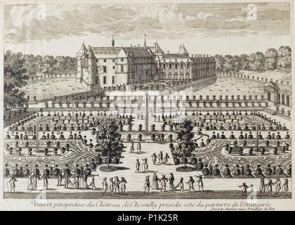 Vue sur le château de Chantilly à partir de l'Orangerie, milieu du xviiie siècle. Artiste : Francois-Antoine aveline. Banque D'Images