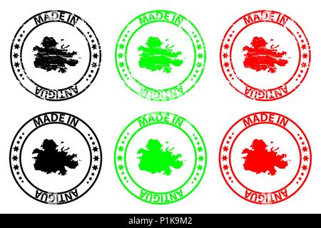Fait à Antigua - timbres en caoutchouc - vecteur, la carte d'Antigua - modèle noir, vert et rouge Illustration de Vecteur