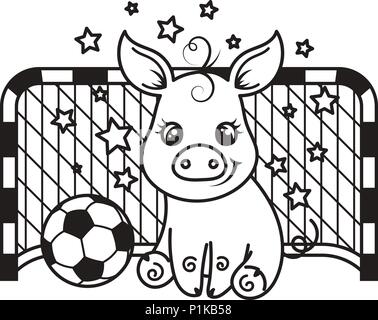 Cute cartoon pig avec un ballon de football. Vector illustration. Coloriage Illustration de Vecteur