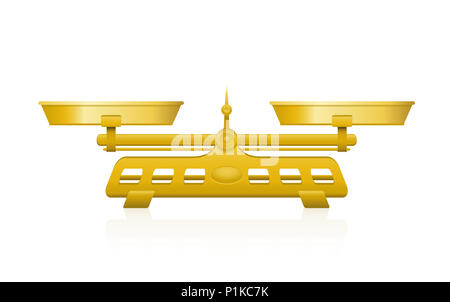 Balance d'or avec deux casseroles parfaitement équilibré et d'un pointeur sur le milieu. 3d illustration sur fond blanc. Banque D'Images