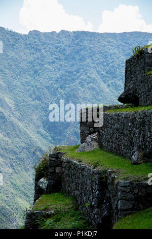 La colline en terrasses escarpées, au Machu Picchu au Pérou où, où l'on pense que ce soit l'agriculture a eu lieu ou a été destiné à se produire. Banque D'Images