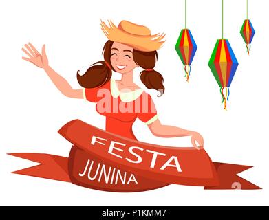 Festa Junina carte de voeux, affiche, bannière ou une invitation. Brésil Juin festival, dame joyeuse en agitant la main. Vector illustration Illustration de Vecteur