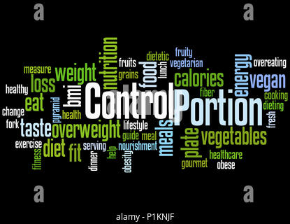 Le contrôle des portions, mot concept cloud sur fond noir. Banque D'Images