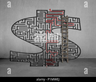 La forme argent labyrinthe avec solution sur mur de béton Banque D'Images