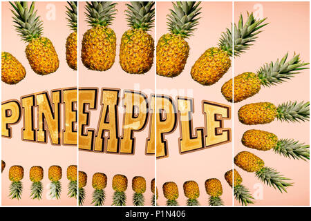 Montage avec ananas ananas entier et de l'ombre portée d'une taille variable texte environnant 'Ananas' sur fond rose clair. Des effets de filtre. Banque D'Images