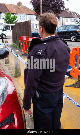 South Harrow, Londres, Angleterre. 12 juin 2018. Recherche d'indices de la police et de protéger les lieux de l'incident de violence la plus récente de Harrow, contribuant à la taux de crimes de violence continue à Londres. L'emplacement est très proche de poignarder un récent de 17 ans et fait partie de la même enquête. La police serait seulement dire que quelqu'un avait été très gravement blessé. Ils ont entrepris une recherche de pointe du doigt la scène du crime sur Roxeth Green Avenue, South Harrow. © Tim crédit Ring/Alamy Live News Banque D'Images