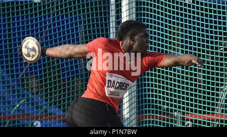 Fedrick Dacres de la Jamaïque fait une tentative dans l'épreuve du lancer de compétition à la Golden Spike, une réunion d'athlétisme de l'IAAF World Challenge, à Ostrava, en République tchèque, le 12 juin 2018. (Photo/CTK Jaroslav Ozana) Banque D'Images