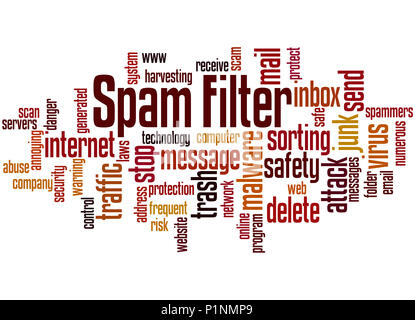 Filtre anti-spam, mot concept cloud sur fond blanc. Banque D'Images