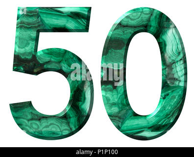 Chiffre arabe 50, cinquante, de malachite vert naturel, isolé sur fond blanc Banque D'Images