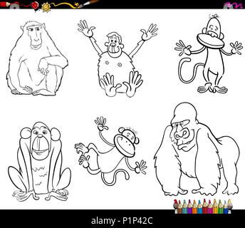 Livre de coloriage noir et blanc Illustration caricature drôle de singes animaux primates Set Illustration de Vecteur