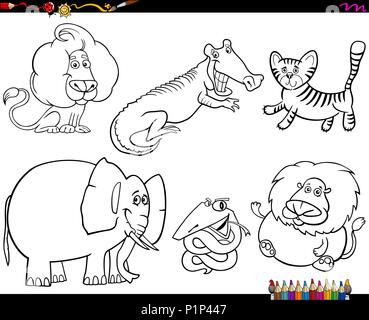 Livre de coloriage noir et blanc Cartoon Illustration de personnages d'Animaux Sauvages Collection Illustration de Vecteur