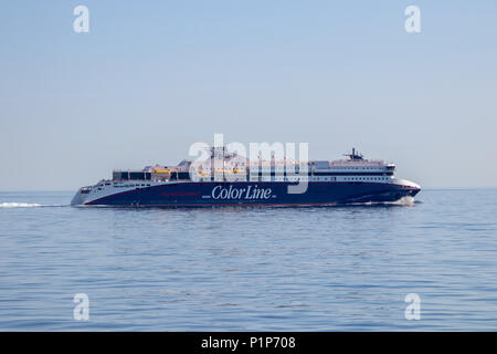 SKAGERRAK OCÉAN, DANEMARK - le 19 mai 2018 : Le ferry Superspeed 1 MS en service sur le Kristiansand-Hirtshals à vélo. Détenu et exploité par ligne de couleur. Banque D'Images