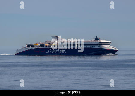 SKAGERRAK OCÉAN, DANEMARK - le 19 mai 2018 : Le ferry Superspeed 1 MS en service sur le Kristiansand-Hirtshals à vélo. Détenu et exploité par ligne de couleur. Banque D'Images