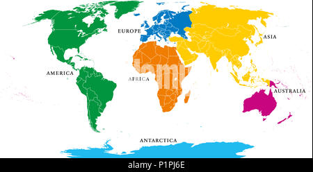 Six Continents, carte du monde politique, avec des frontières. Afrique, Amérique, Antarctique, Asie, Australie et Europe. Projection Robinson. L'étiquetage en anglais. Banque D'Images