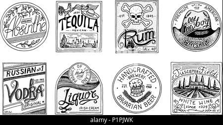 American Vintage badge. Tequila Liqueur d'Absinthe Vodka Whisky Rhum Vin Bière forte. Étiquette d'alcool avec éléments calligraphiques. Cadre pour bannière de l'affiche. Lettrage gravé à la main pour t-shirt. Illustration de Vecteur