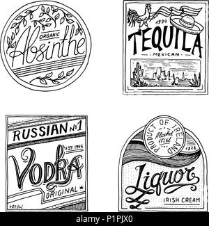 American Vintage tequila liqueur d'absinthe vodka badge. Étiquette d'alcool avec éléments calligraphiques. Cadre classique pour poster bannière. La boisson forte. Croquis dessinés à la main, gravé lettrage pour t-shirt. Illustration de Vecteur