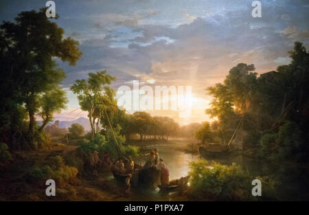 Károly Bajári L. L'aîné - Paysage italien au coucher du soleil avec les pêcheurs (1851) Banque D'Images