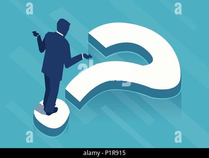 Vector illustration of businessman standing on point d'interrogation dans perplexion. Illustration de Vecteur