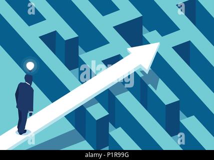 Vector illustration of businessman dans la perplexité, debout près de la flèche suivant labyrinthe à succès. Illustration de Vecteur