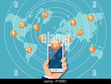 Vector illustration of hand holding phone l'échange de monnaie tous les plus de monde avec application. Illustration de Vecteur