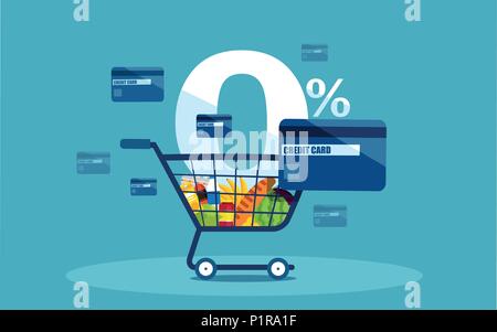 Vecteur d'un panier et d'actualisation de carte de crédit à faible taux d'intérêt sur fond bleu Illustration de Vecteur