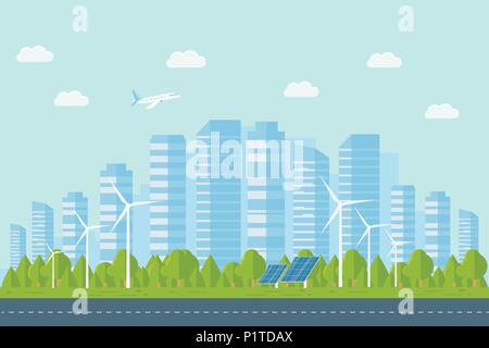 Paysage urbain moderne avec des gratte-ciel. Rue, route avec des voitures, de grands bâtiments sur un arrière-plan. Concept de la ville avec la vie de banlieue. Télévision Vector Illu Illustration de Vecteur