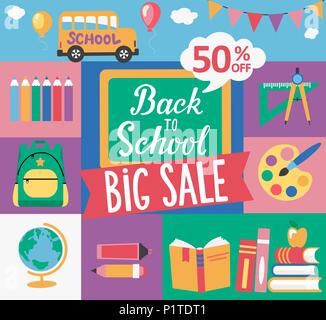 Tableau sur lequel un lettrage dessiné à la main Retour à l'école, pour la grande vente de fournitures scolaires et d'articles. Parfait pour des bannières, flyers, affiches. Vector illustration Illustration de Vecteur