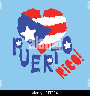 Love Puerto Rico, d'Amérique. Vintage drapeau national en silhouette de coeur déchiré le jour de l'indépendance style texture background bonne idée pour badge rétro Illustration de Vecteur