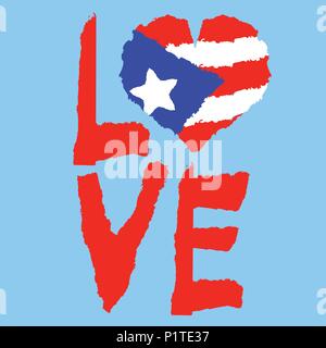 Love Puerto Rico, d'Amérique. Vintage drapeau national en silhouette de coeur déchiré le jour de l'indépendance style texture background bonne idée pour badge rétro Illustration de Vecteur