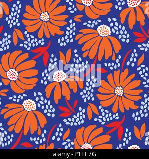 Grande échelle graphique audacieux vecteur floral seamless pattern. Surdimensionné simpliste à la main de fleurs de camomille bleu orange sur fond texturé. Illustration de Vecteur
