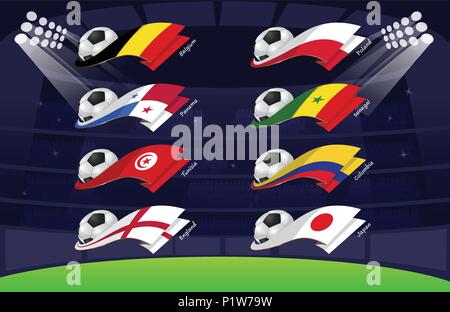 Flag world soccer 2018,Japon,Colombie,Sénégal,Pologne,Angleterre,Tunisie,Panama,Belgique Illustration de Vecteur