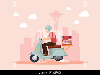 Garçon livraison Scooter Ride dans grande ville. Vector illustration Illustration de Vecteur