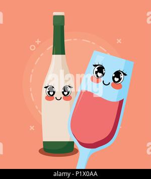 Bouteille de vin en verre et kawaii sur fond rose, design coloré. vector illustration Illustration de Vecteur