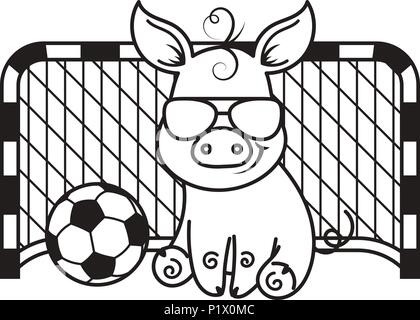 Cute cartoon pig avec un ballon de football. Vector illustration. Coloriage Illustration de Vecteur