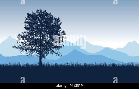 Arbre à feuilles caduques dans l'herbe avec les montagnes bleues à l'arrière-plan, sous le ciel du matin - vector Illustration de Vecteur