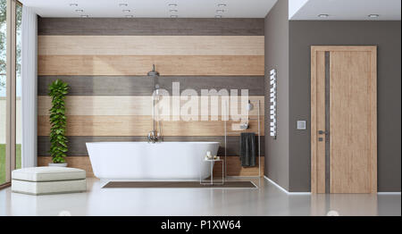 Salle de bain moderne avec baignoire contre un mur en bois - 3D Rendering Banque D'Images