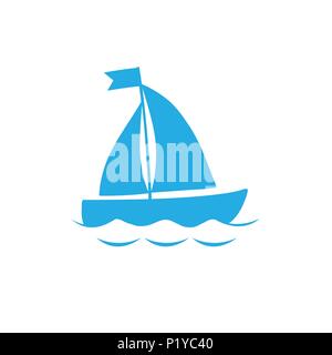 Vector illustration silhouette bleu marine de la voile navire flottant sur les vagues de la mer. Yacht icon isolé sur fond blanc. Illustration de Vecteur