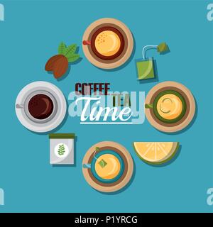 L'heure du thé et café café et thé citron tasses et semences sachet collection vector illustration Illustration de Vecteur