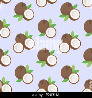 Vecteur de coco, modèle sans couture plate fruits exotiques tropicaux sur le fond vert clair, vector illustration Illustration de Vecteur