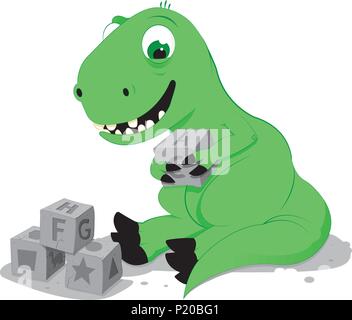 Un vecteur caricature représentant un mignon bébé dinosaure vert assis sur le terrain et de jouer avec quelques jouets cube de pierre Illustration de Vecteur