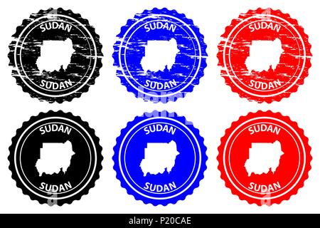 Soudan - timbres en caoutchouc - vecteur, République du Soudan (nord du Soudan) Carte - sticker - noir, bleu et rouge Illustration de Vecteur