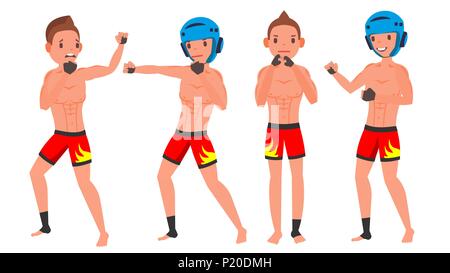 MMA Football Player vecteur. Combats sur ring, Cage, Arena. Jouant dans différentes poses. L'homme sportif. Isolé sur Blanc Personnage Illustration Illustration de Vecteur